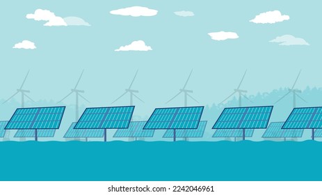 flat cartoon side view of Offshore solar farm panels at Ocean or sea