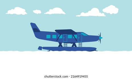 flat cartoon side view of sea air plane in the sea