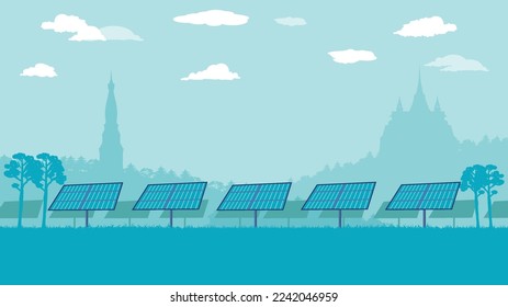 flat cartoon side view of solar farm panels on land