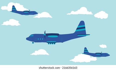 flacher Cartoon-Seitenansicht von Transportflugzeugen am Himmel