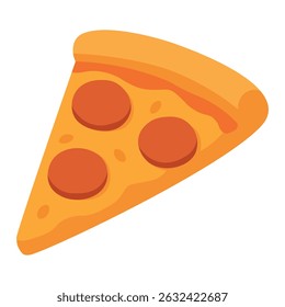 Fatia de desenho animado plano de pizza com queijo, molho de tomate e pepperoni. Ilustração de comida divertida.