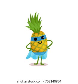 Flat cartoon smiling superhero pineapple standing with arms akimbo in blue mask and cape