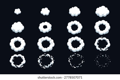 Flat cartoon smoke puff animation frames for game design and VFX assets, isolated sequence of explosion sprite sheet vector.