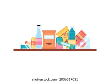 Flat Cartoon Snack Pack Isolated On White Background. Colorful Chips, Soda Drinks And Other Junk Food Standing On Pantry Shelf, Vector Illustration.