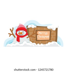 Flat cartoon Snowman character, Merry Christmas New Year greeting card banner concept.