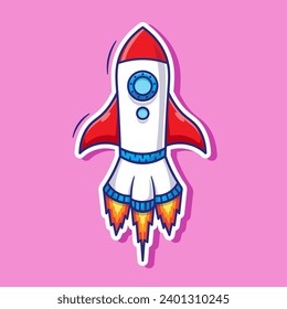 Flat cartoon space rocket launch from earth to the galaxy illustration. science transportation technology element set