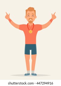 Flat Cartoon Sportsman. Winner with Golden Medal. Vector Illustration