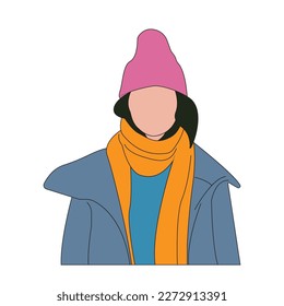 Flat cartoon spring autumn portrait of a woman in a blue knitted sweater, a yellow bright scarf and a gray coat, posing fashionably, in pink hat. On a white background.