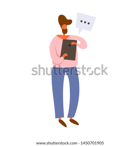 Flat cartoon standing bearded man holding a tablet.