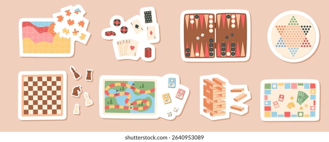 Flat cartoon sticker set with board games. Includes chess, card, table activities, and puzzle pieces. Fun collection of boardgame entertainment for kids, family leisure, and childhood