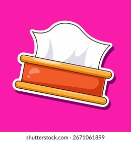 Flat cartoon sticker vector illustration of tissue paper cartoon with cute box isolated on pink background. Hygiene, toilet, sanitary