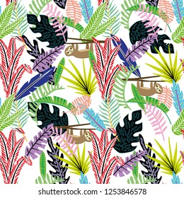 Flat cartoon style abstract seamless pattern sloth (lazybones) in the tropical jungle white vector background