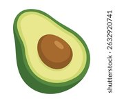 Flat cartoon style avocado cut in half with seed, isolated on white background.