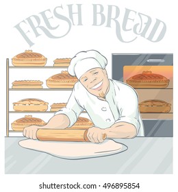 Flat cartoon style background with smiling baker character rolling out pastry in bakehouse with finished fresh bread vector illustration