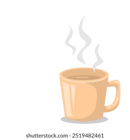 Flat Cartoon Style Beige Coffee Cup Icon with Steam Signifying Hot Beverage. Coffee, Tea, Milk Coffee, Herbal Drink. Editable and Scalable Vector Illustration in EPS Format