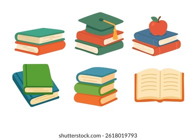 Flat cartoon style book set with stacked, open books and school symbols. Vector illustration for education.