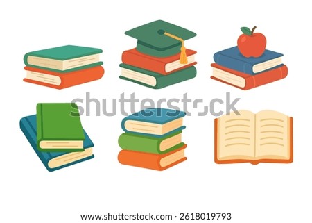 Flat cartoon style book set with stacked, open books and school symbols. Vector illustration for education.
