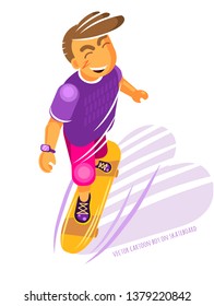 Flat cartoon style. The boy rides a skateboard. Youth entertainment. Sports rest. Vector isolated.