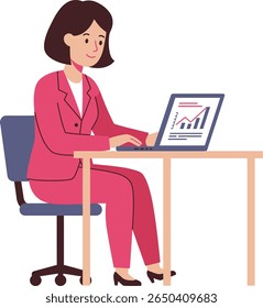 Flat Cartoon Style Businesswoman at Laptop