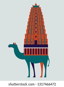 Flat cartoon style camel with Virupaksha Shiva Temple in Hampi, Ballari district, Karnataka, India. Vector animals, tourism, travel, journey, landmarks.