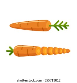 Flat cartoon style carrot icon, whole and sliced. Food and cooking vector illustration.