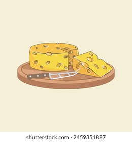 Flat Cartoon Style Cheese on a wooden cutting board Vector Illustration 