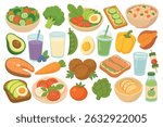 Flat cartoon style collection of healthy food, vegetables, drinks and snacks, isolated clipart.