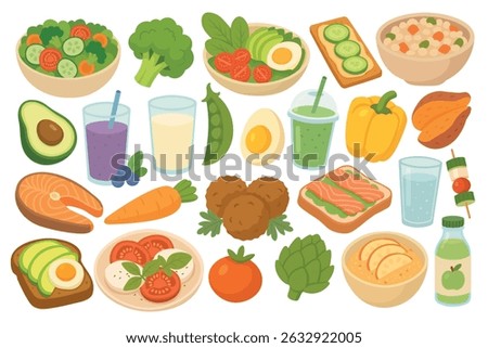 Flat cartoon style collection of healthy food, vegetables, drinks and snacks, isolated clipart.