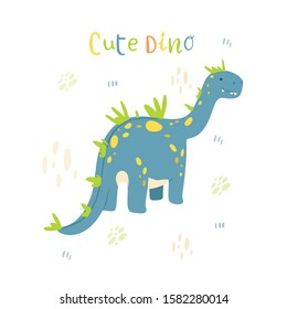 Flat cartoon style cute blue dinosaur.  Vector illustration for card or poster, children room decoration, kids dino party designs, kids fashion. Lettering Cute dino