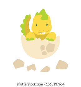 Flat cartoon style cute dinosaur  in the egg.  Vector illustration for card or poster, children room decoration, kids dino party designs, kids fashion. Lettering dinosaur