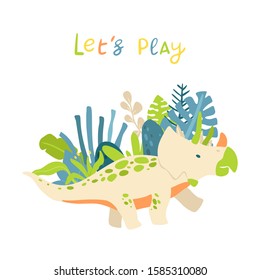 Flat cartoon style cute dinosaur with tropical leaves.  Vector illustration for card or poster, children room decoration, kids dino party designs, kids fashion. Lettering