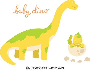 Flat cartoon style cute dinosaur with baby dino in the egg.  Vector illustration for card or poster, children room decoration, kids dino party designs, kids fashion. Lettering Baby dino