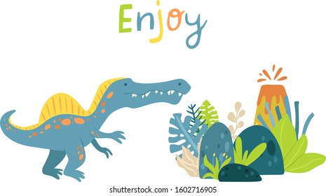 Flat cartoon style cute dinosaur with volcano and tropical leaves.  Vector illustration for card or poster, children room decoration, kids dino party designs, kids fashion. Lettering Enjoy