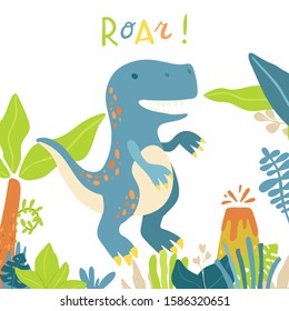 Flat cartoon style cute tyrannosaur dinosaur.  Vector illustration for card or poster, children room decoration, kids dino party designs, kids fashion. Lettering Roar