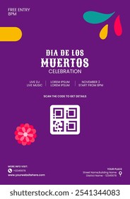 Flat Cartoon Style Dia de Los Muertos Flyer for Social Media with Festive Elements