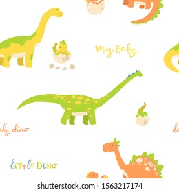 Flat cartoon style dinosaur seamless pattern.  Best for kids fashion, children room decoration, kids dino party designs.
