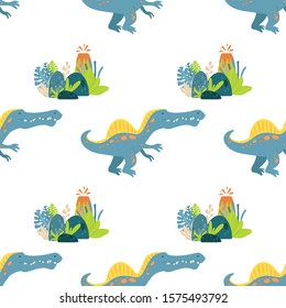Flat cartoon style dinosaur seamless pattern.  Best for kids fashion, children room decoration, kids dino party designs.