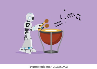 Flat cartoon style drawing active robot percussion player holding stick and play timpani. Robotic artificial intelligence. Electronic technology industry. Graphic design character vector illustration