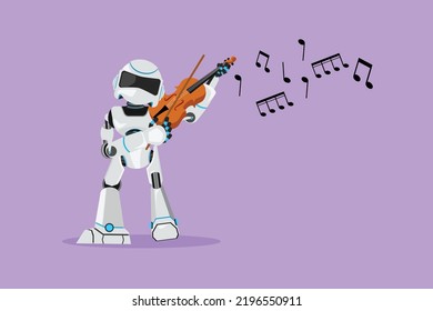 Flat cartoon style drawing active robot musician playing violin classic musical instrument. Humanoid robot cybernetic organism. Future robotic development. Graphic design character vector illustration