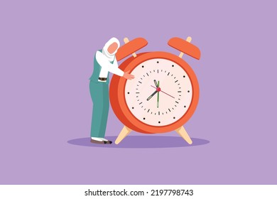 Flat cartoon style drawing Arab businesswoman, manager or employee stand and hugging big clock. Time management concept, watch, time to work. Love on time project. Graphic design vector illustration
