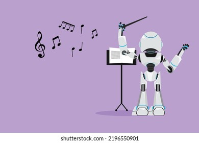 Estilo de caricatura plano retrotrayendo la vista del personaje del director de orquesta robot que actúa en el escenario, dirigiendo la orquesta sinfónica. El organismo cibernetico humanoide moderno. Ilustración vectorial de diseño gráfico