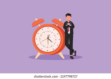 Flat cartoon style drawing of businessman, manager or employee stand leaning to big clock. Time management. Watch, limited offer, deadline symbol. Business metaphor. Graphic design vector illustration