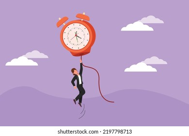 Flat cartoon style drawing happy businesswoman, manager or employee flying with big balloon alarm clock and hold rope. Time management, innovation business metaphor. Graphic design vector illustration