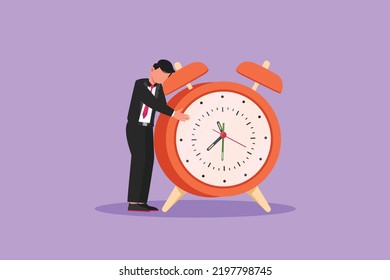 Flat cartoon style drawing of happy businessman or executive director standing and hugging big clock. Time management. Time, watch, time to work. Deadline project. Graphic design vector illustration