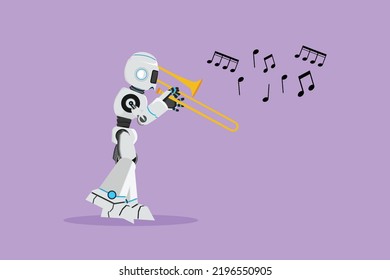 Flat cartoon style drawing robot character play trombone wind instrument at classic music event. Humanoid robot cybernetic organism. Future robotic development. Graphic draw design vector illustration