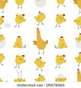 Flat cartoon style Easter pattern.  Funny yellow chicks.