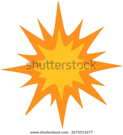 Flat cartoon style explosion burst with orange and yellow star shape. Simple design suitable for icons, games, comics, and infographics.