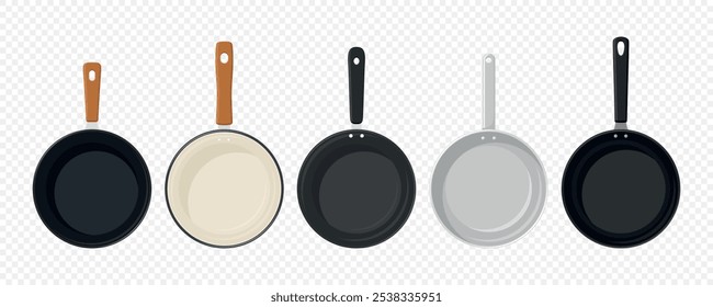 Conjunto de vetor das panelas de fritura do estilo do desenho animado plano. Top View Frying Pan Illustration Collection for Cooking, Cozinha, Conceito Culinário. Frigideira Design Modelos, Ícones, Clipart