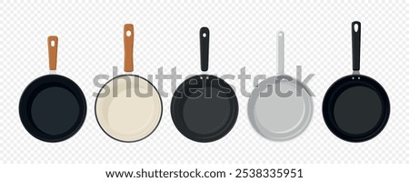 Flat Cartoon Style Frying Pans Vector Set. Top View Frying Pan Illustration Collection for Cooking, Kitchen, Culinary Concept. Frying Pan Design Templates, Icons, Clipart