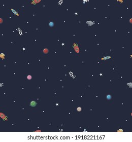 Flat cartoon style funny cosmic fabric. Astronaut with rocket and alien in the open space Cute design for kids fabric and wrapping paper. Cosmic fabric for kids.